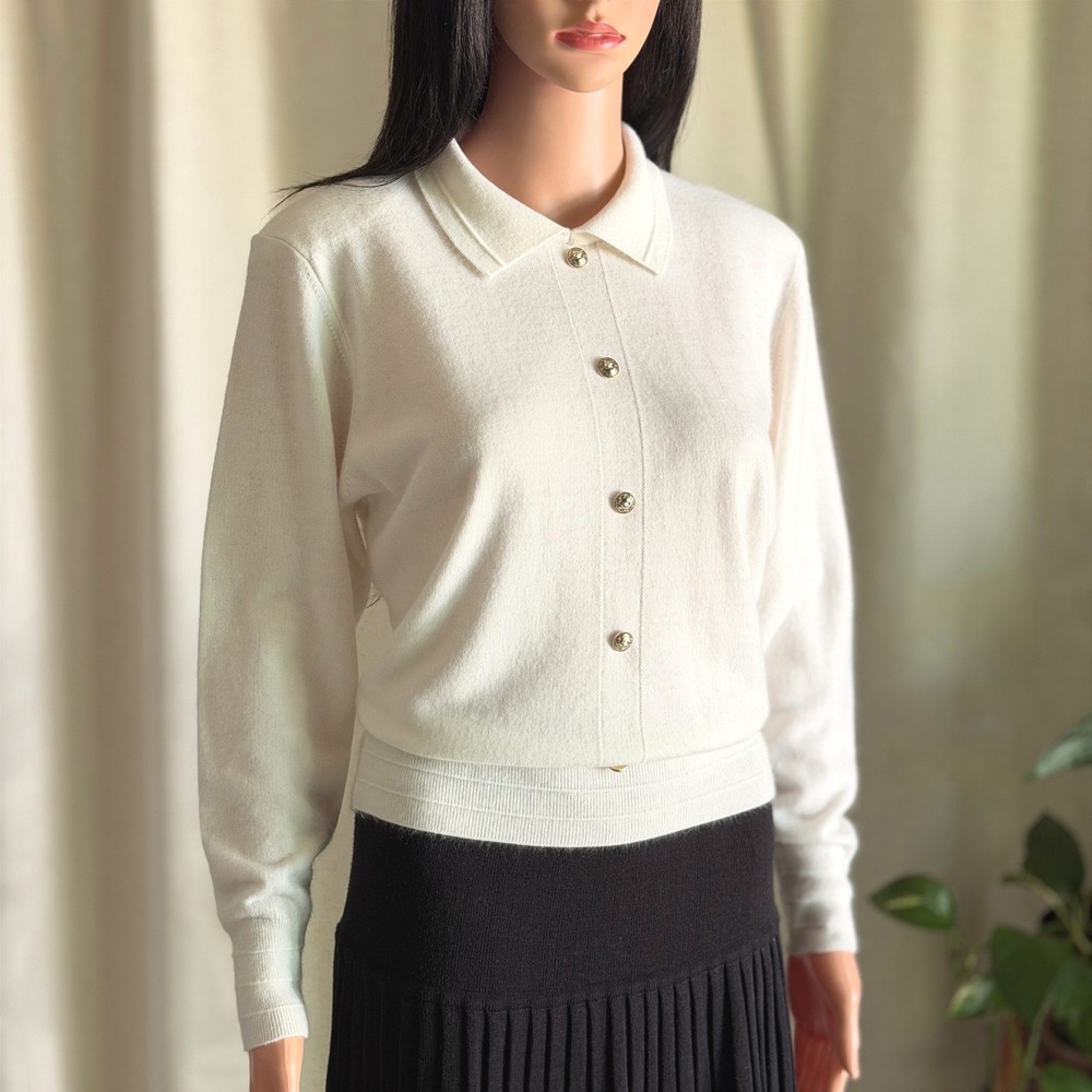 Vtg 90s St Michael Cream Knit Polo Cardigan Gold Button Sweater UK 12 40 US 4-6
